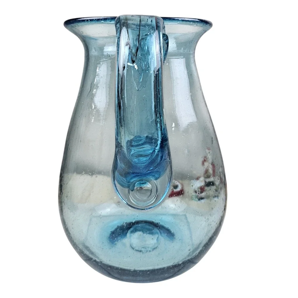 Handblown Seeded Blue Bubble Glass Pitcher Applied Handle Pinchd Spout Art Glass